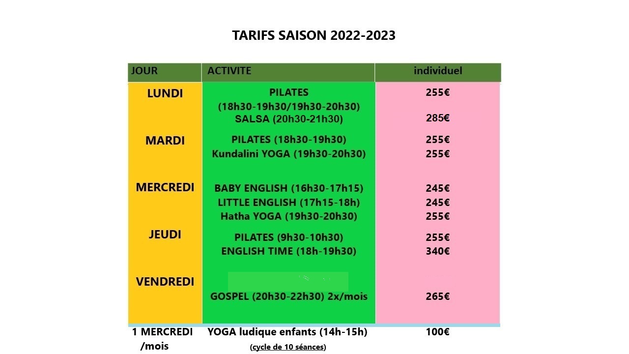 tarifs saison 2022-2023